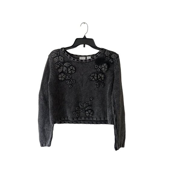 Newport News Gray Floral Embroidered Cropped Sweater S 3D Roses Missing One - Picture 1 of 8